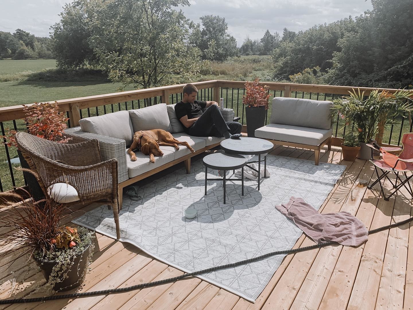 Slate Gray Fabric, Wicker & Acacia Wood Outdoor 3 Seater Sofa