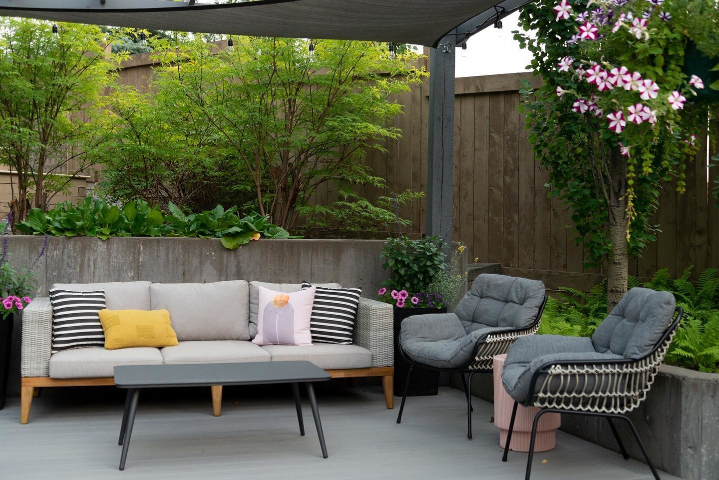 Slate Gray Fabric, Wicker & Acacia Wood Outdoor 3 Seater Sofa