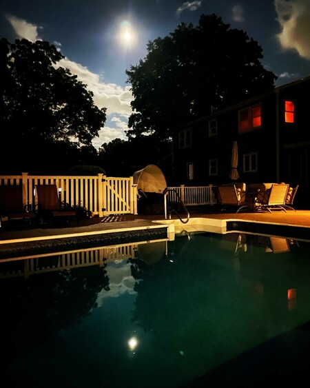 image by anunkindnessofcaitys containing pool, swimming pool, night, moon, chair