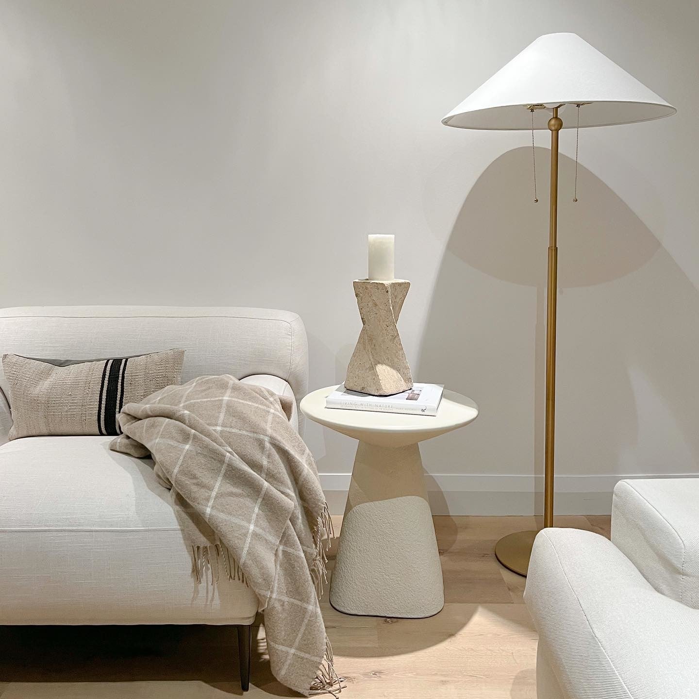 Ozetta Moonlit Ivory Plaster Texture Pedestal Side Table, Japandi