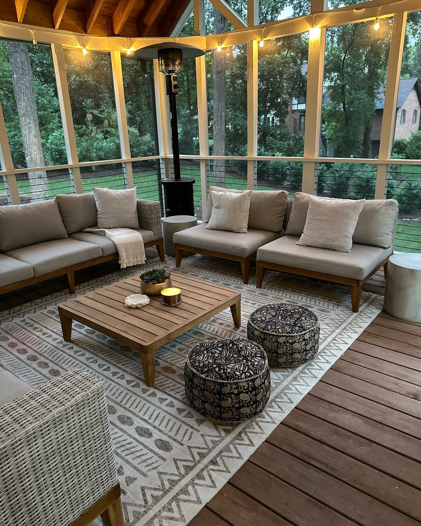 Slate Gray Fabric, Wicker & Acacia Wood Outdoor 3 Seater Sofa
