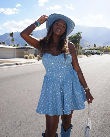 So Flirty Strapless Sequin Glitter Denim Skater Dress | Windsor