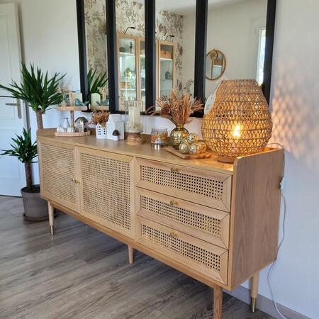 Bombong - Buffet 2 portes 3 tiroirs en bois et cannage L180cm