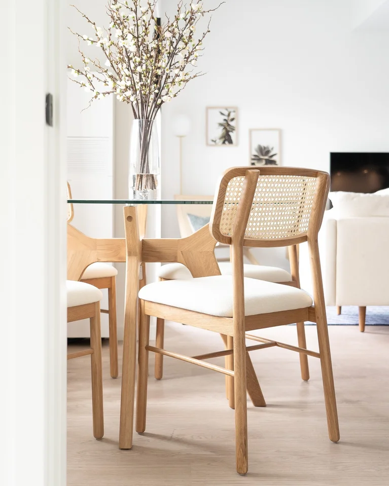 Rattan Oak White Fabric Dining Chair Netro Article