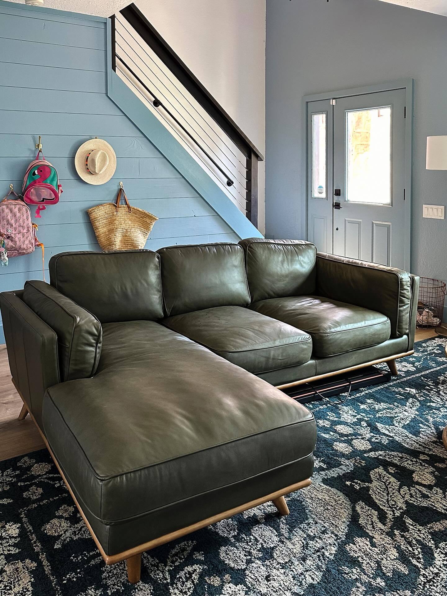 Charme Green Timber Leather Honey Oak 3 Seater Left Sectional