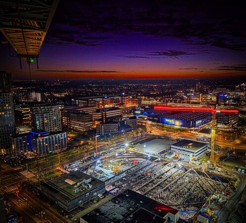 image by anonymous containing city, night, building, stadium, city view