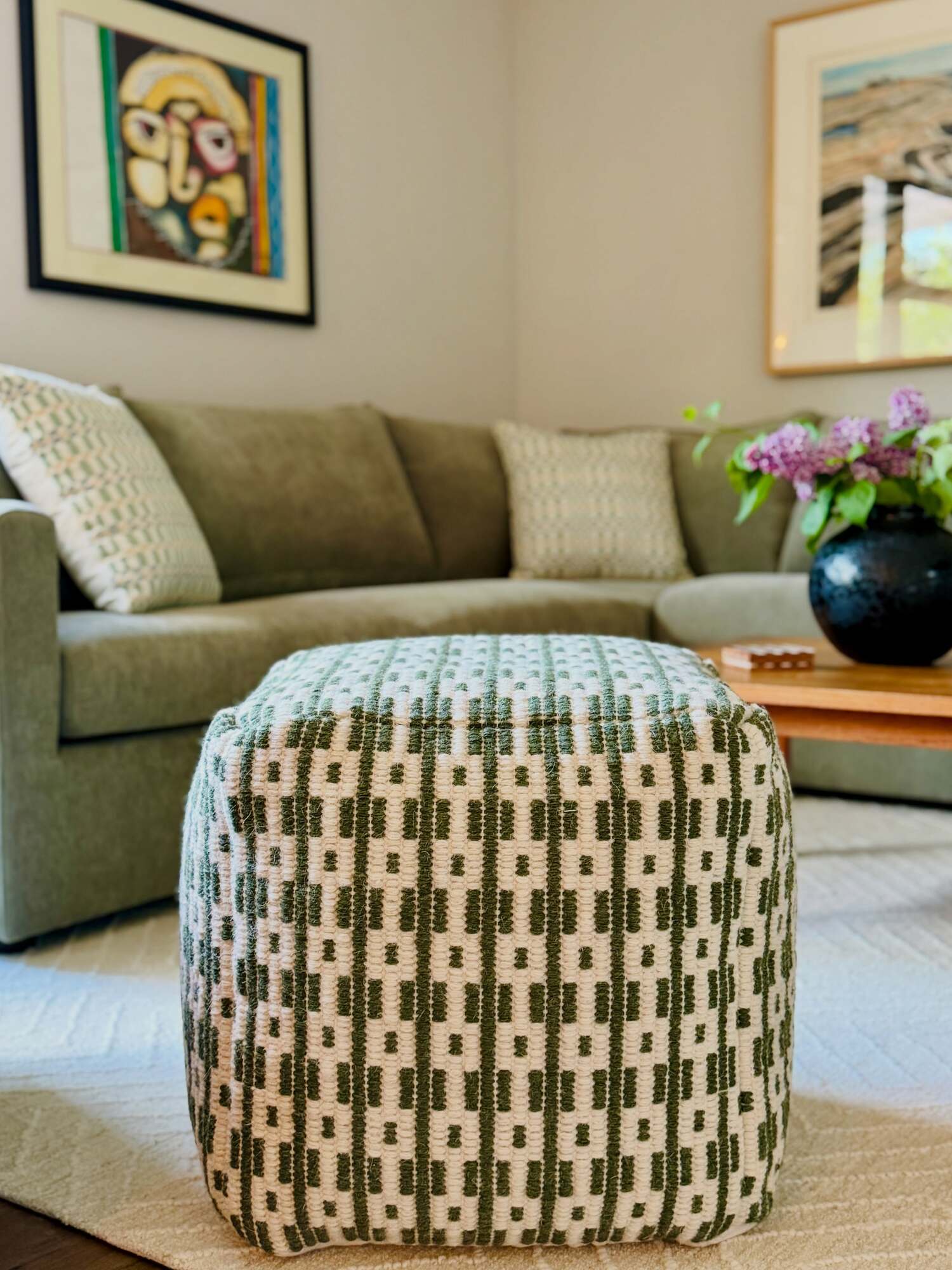 Mia Woodland Green Pouf | Article