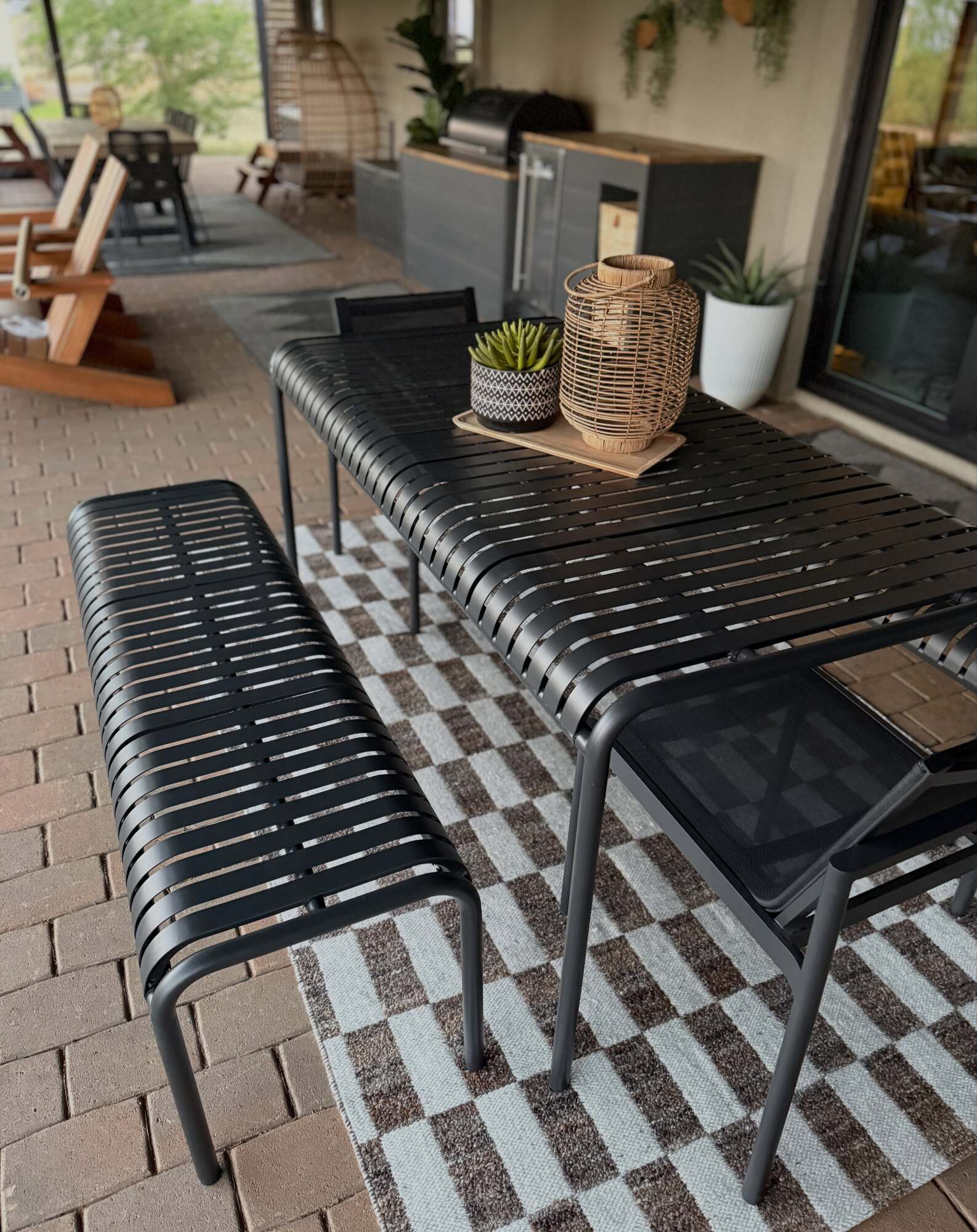 Sarek Khaki Green Metal Outdoor Dining Bench | Article